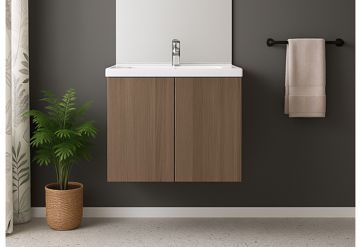 Απεικονίζεται ο πάγκος και ο νιπτήρας του επίπλου μπάνιου